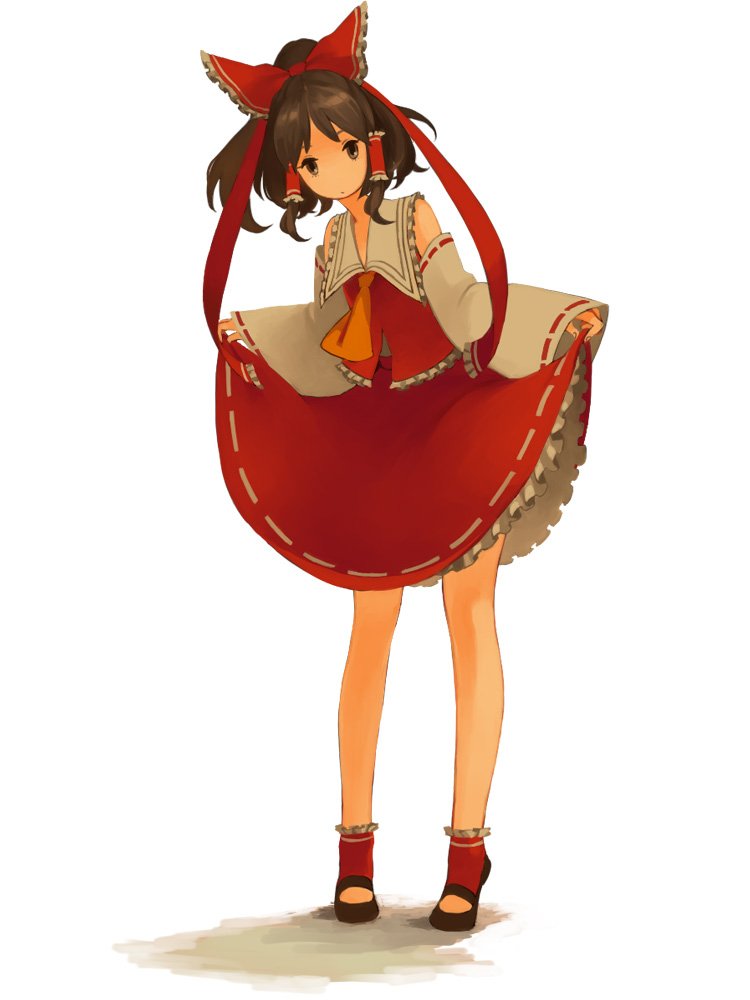 detached_sleeves dress elbow_gloves flat_chest frills hair_bow hakurei_reimu iwamoto_james japanese_clothes legs miko necktie ponytail short_hair shrine_maiden skirt skirt_lift standing touhou