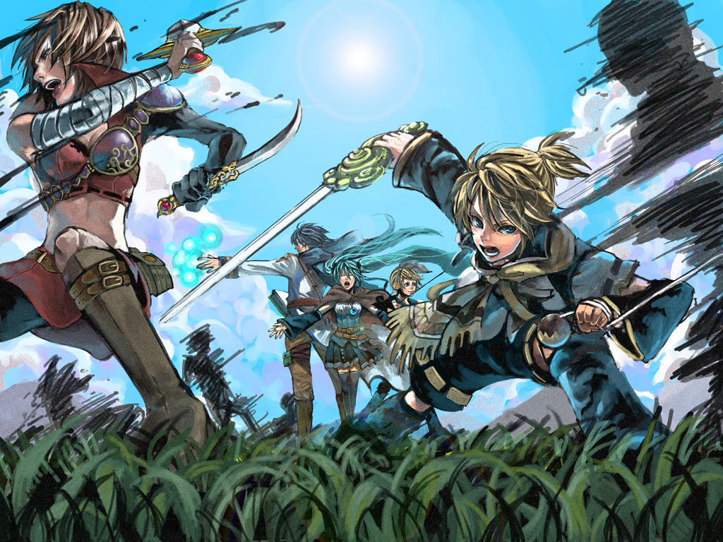 armor battle blonde_hair blue_hair boots brown_hair fantasy hatsune_miku kagamine_len kagamine_rin kaito knife knight long_hair meiko midriff scarf short_hair skirt sword tsubame_fuji tsubame_fuji_(piapro) twintails vocaloid weapon