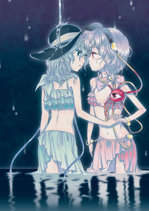 bad_id bikini eye_contact fuyu_kitsune green_eyes hairband hat holding_hands komeiji_koishi komeiji_satori midriff multiple_girls pink_hair red_eyes reflection short_hair siblings silver_hair sisters swimsuit touhou wading water wet