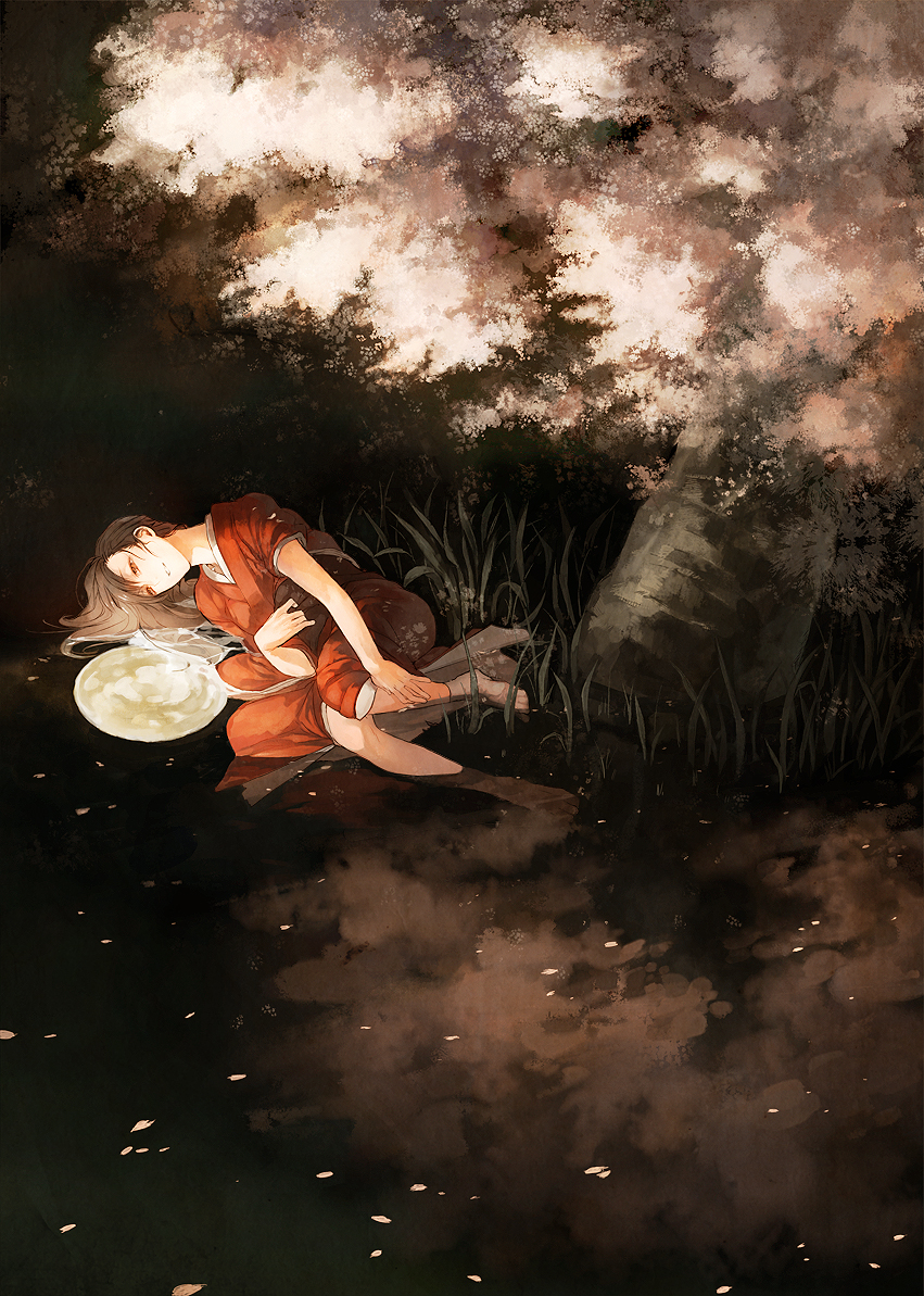 brown_hair grass japanese_clothes long_hair lying moon night original petals red_eyes reflection smile solo tree water wet