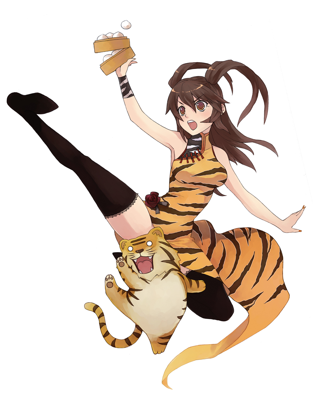 brown_hair censored china_dress chinese_clothes convenient_censoring highres kick kicking legs penguin_caee thigh-highs thighhighs tiger tiger_print twintails