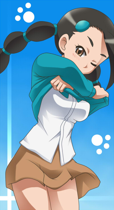 1girl awa gym_leader pokemon skirt solo suzuna_(pokemon) twintails undressing