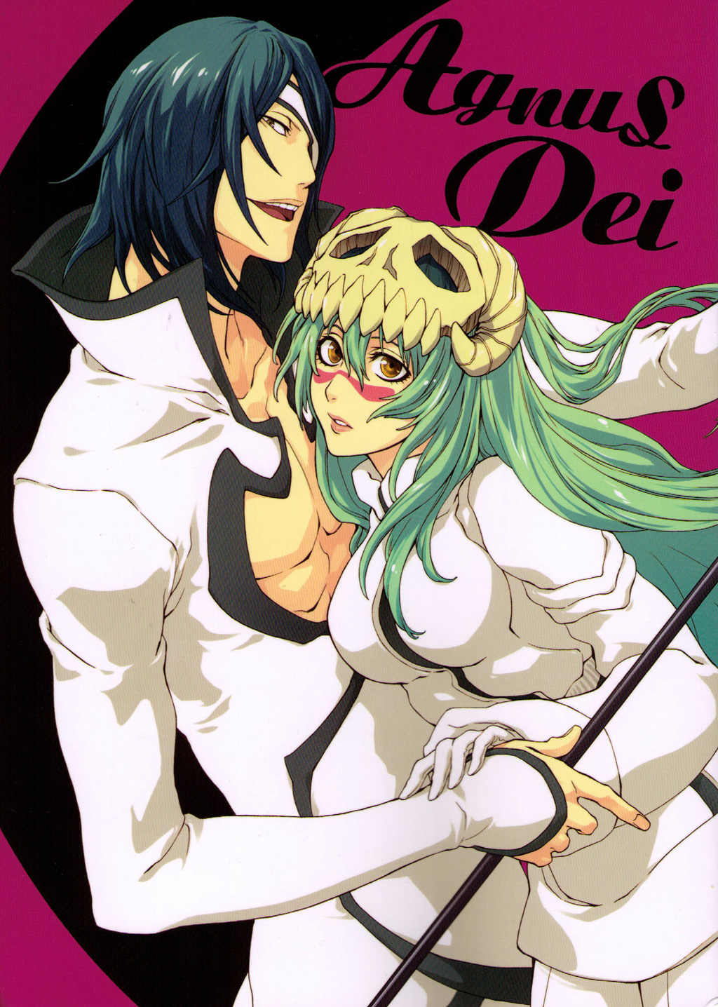 1boy 1girl arrancar black_hair bleach doujin_cover espada eyepatch facial_mark gloves green_hair hair_between_eyes highres long_hair long_sleeves neliel_tu_oderschvank nelliel_tu_odelschwanck nnoitra_gilga nnoitra_jiruga open_mouth parted_lips skull takamiya_haruya teeth upper_teeth yellow_eyes