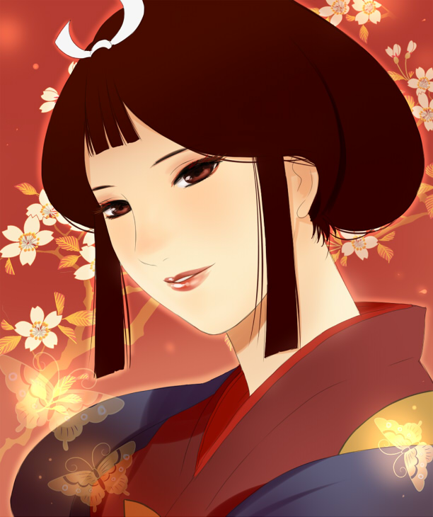 brown_hair eboshi face flower ghibli japanese_clothes kimono light_smile lips lipstick mizuhara_aki mononoke_hime short_hair smile studio_ghibli