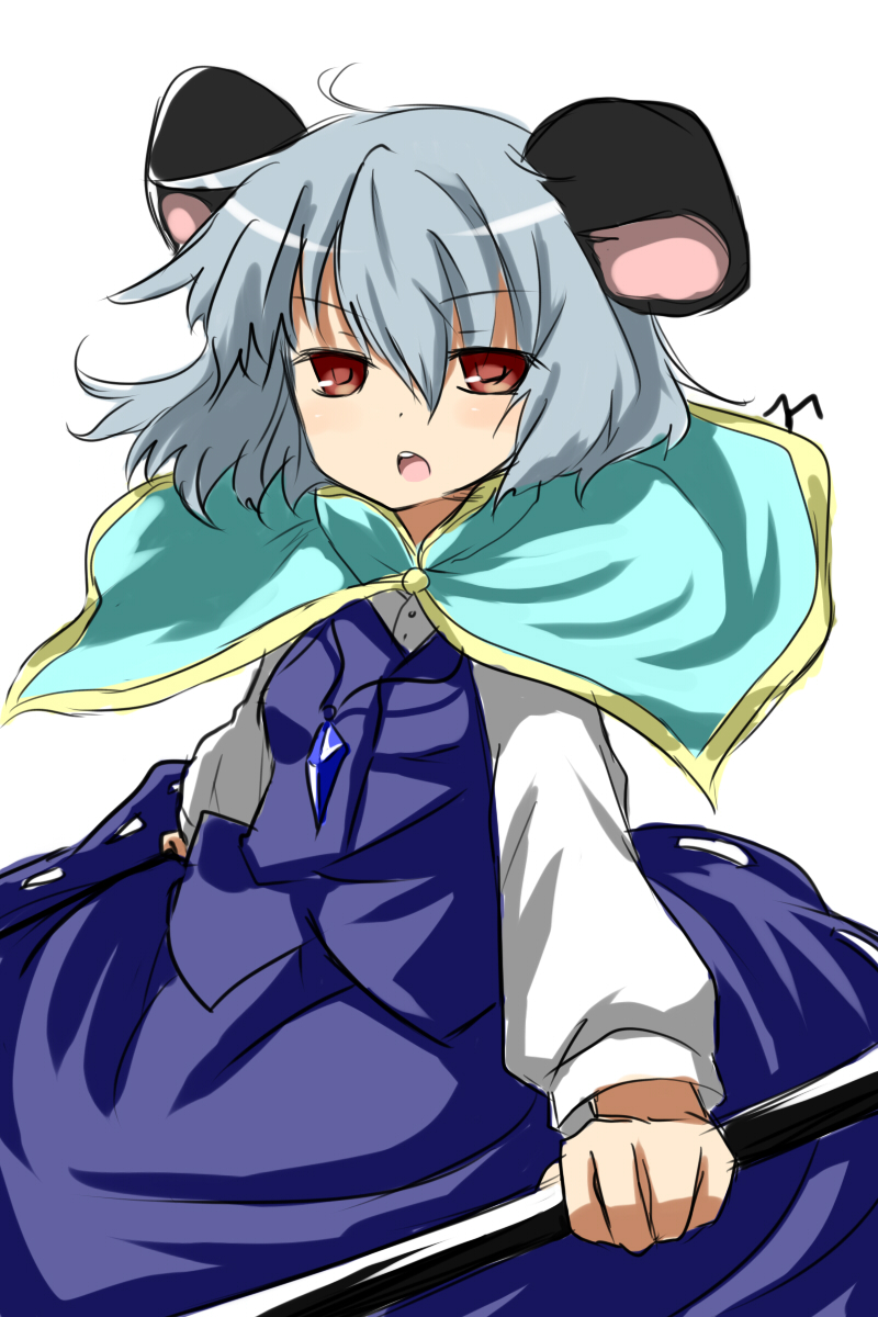 capelet grey_hair highres jewelry mikan_(ama_no_hakoniwa) mouse_ears nazrin necklace red_eyes rod solo touhou