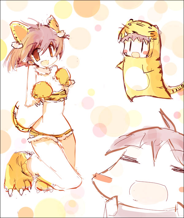 animal_costume animal_ears bad_id brown_eyes brown_hair chibi costume idolmaster kikuchi_makoto paws tail tiger_costume tiger_ears tiger_paws tiger_print tiger_tail