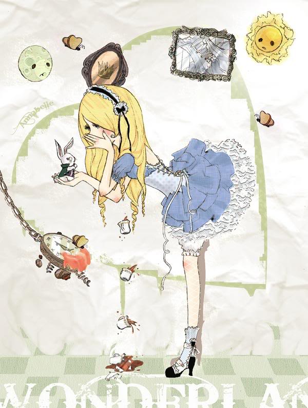 alice_in_wonderland blonde_hair blush butter_fly cute hair_ornament little_white_rabbit looking_glass tagme