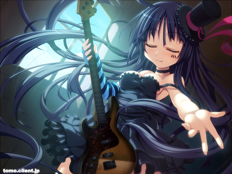 akiyama_mio bangs bass_guitar black_hair blunt_bangs closed_eyes colored don't_say_"lazy" don't_say_lazy dress face_paint facepaint fingerless_gloves gloves guitar hat hime_cut instrument k-on! kitahara_tomoe_(kitahara_koubou) long_hair maid_koubou mini_top_hat outstretched_arm outstretched_hand reaching solo strap_slip striped top_hat very_long_hair window