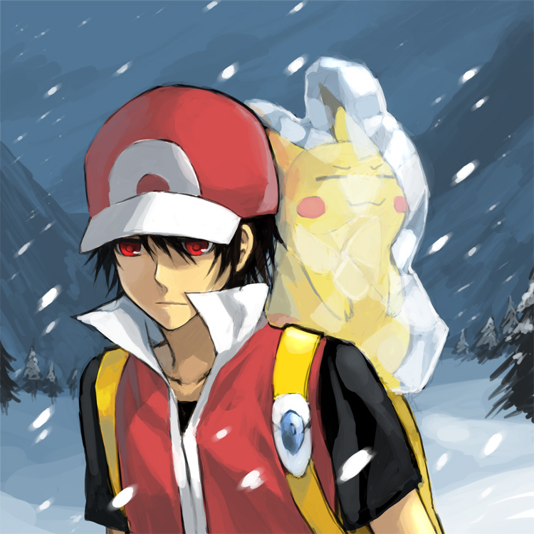 1boy alternate_costume bad_id black_hair collarbone frozen hat mountain obo pikachu pokemon pokemon_(creature) pokemon_(game) pokemon_gsc red_(pokemon) red_(pokemon)_(classic) red_eyes snow snowing vs_seeker