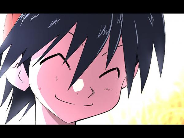 ^_^ black_hair closed_eyes kuruko_rin letterboxed pokemon pokemon_special red_(pokemon) short_hair smile solo