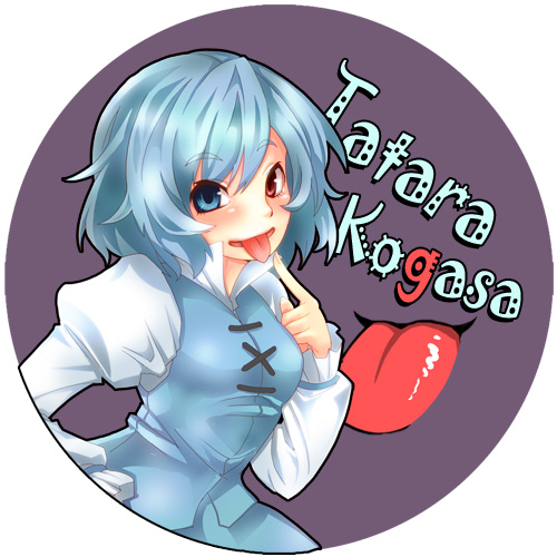 blue_eyes blue_hair blush character_name heterochromia hosoi_kouzou long_sleeves lowres puffy_sleeves red_eye short_hair solo tatara_kogasa tongue touhou