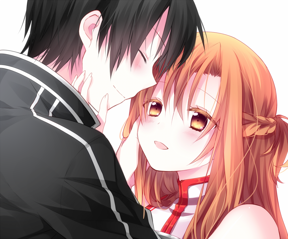 1girl :d ^_^ asuna_(sao) black_hair blush brown_eyes brown_hair closed_eyes eyes_closed hand_on_another's_face hand_on_another's_face kirito long_hair looking_at_another open_mouth riichu smile sword_art_online white_background