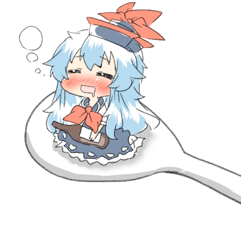 blue_hair blush bottle closed_eyes eyes_closed hat kamishirasawa_keine long_hair lowres open_mouth rebecca_(keinelove) rice_spoon solo spoon touhou wine