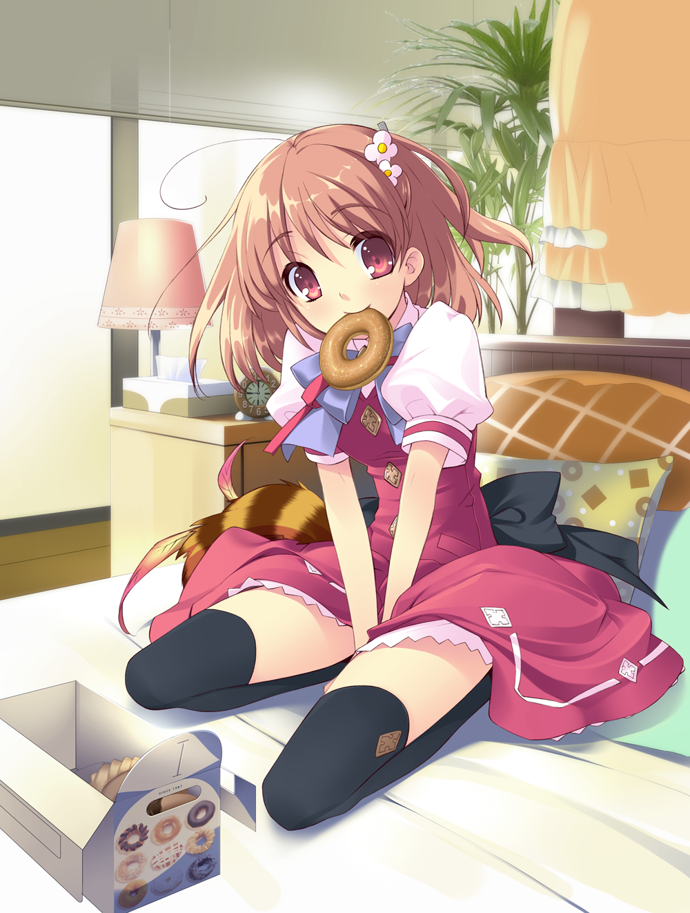 bed between_legs black_legwear box brown_hair clock doughnut flower flyable_heart food_in_mouth hair_flower hair_ornament hand_between_legs highres inaba_yui itou_noiji lamp lampshade looking_at_viewer mouth_hold noizi_ito on_bed pillow red_eyes school_uniform short_hair sitting solo thigh-highs thighhighs tissue unisonshift v_arms wariza window