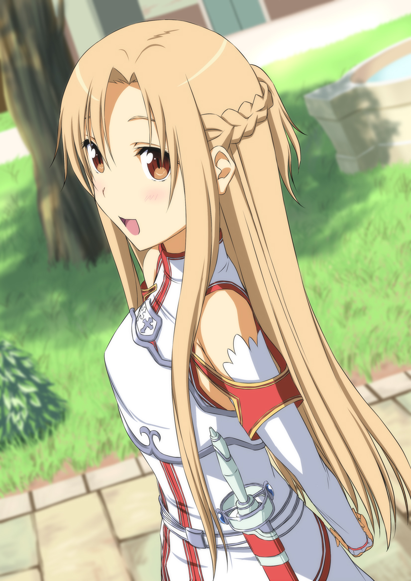 :d armor arms_behind_back asuna_(sao) bare_shoulders blurry blush braid breastplate brown_eyes brown_hair depth_of_field detached_sleeves grass long_hair nori_tamago open_mouth smile solo sword sword_art_online tree water weapon