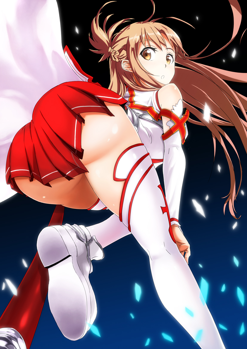 ass asuna_(sao) brown_eyes brown_hair from_behind imojin long_hair looking_back skirt solo sword_art_online thigh-highs thighhighs white_legwear