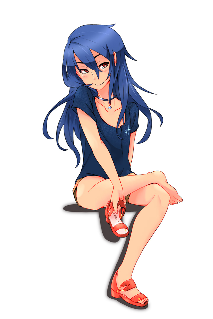 androgynous bangs bare_legs barefoot blue_hair blush collar collarbone happy ichiran long_hair necklace original red_eyes red_sandals sandals shorts simple_background single_shoe sitting smile solo swept_bangs t-shirt trap wavy_hair white_background
