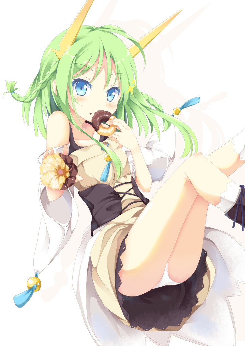 bare_shoulders blue_eyes blush braid doughnut dress food food_on_face green_hair hair_ornament holding long_hair looking_at_viewer nabiiro nibiiro_shizuka original panties pantsu simple_background sitting socks solo sparkle twin_braids underwear white_background white_panties white_pantise