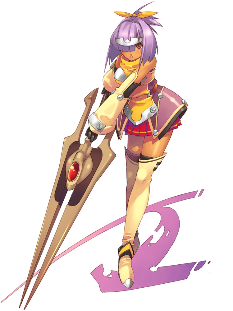 boots brown_eyes detached_sleeves gloves hair_over_one_eye hirano_katsuyuki nora_(spectral_souls) official_art polearm ponytail purple_hair short_hair skirt solo spear spectral_(series) spectral_souls thigh-highs thigh_boots thighhighs weapon white_background white_legwear