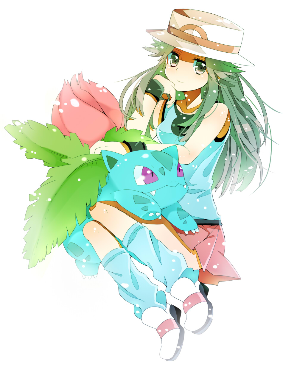 1girl asuku_(69-1-31) bare_shoulders blue_(pokemon) brown_eyes brown_hair claws fangs flower hat head_rest highres ivysaur leaf long_hair pokemon pokemon_(creature) pokemon_(game) pokemon_frlg porkpie_hat shoes skirt smile socks violet_eyes wrist_cuffs