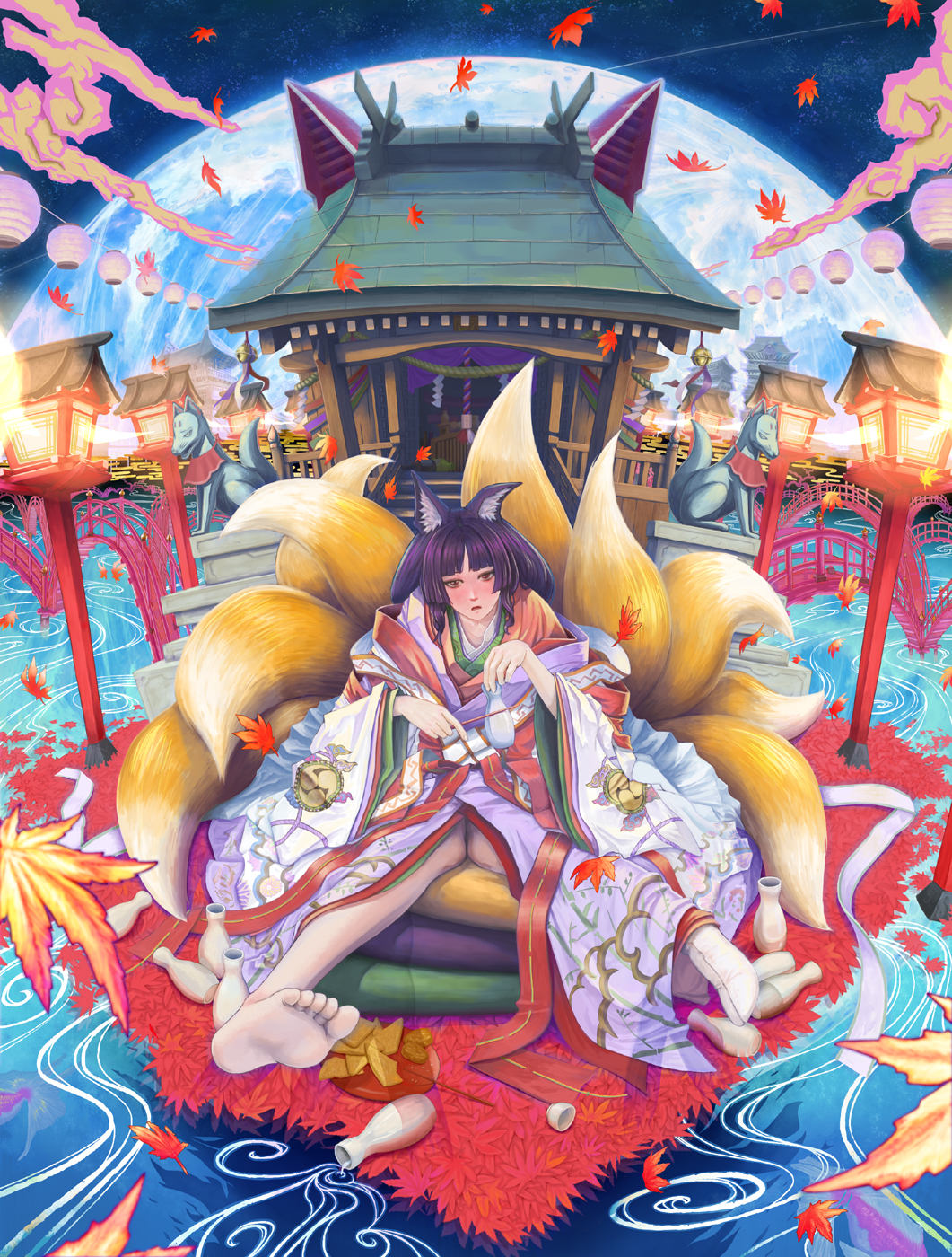 aburaage animal_ears barefoot bell blush bottle box bridge choko_(cup) chopsticks cloud clouds cup donation_box drunk east_asian_architecture egasumi feet food fox_ears fox_tail full_moon highres hime_cut inari japanese_clothes kimono kitsune kyuubi lamp lantern leaf maple_leaf masankaku mitsudomoe_(shape) moon multilayer_kimono multiple_tails night open_mouth original paper_lantern purple_hair sake shooting_star shrine single_sock sitting sky socks soles solo star statue tabi tail tokkuri tomoe_(symbol) water wooden_lantern