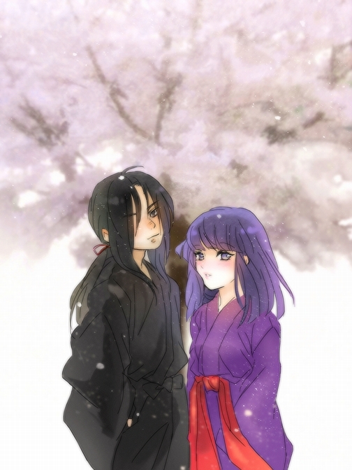 1girl basilisk_(manga) cherry_blossoms couple hotarubi japanese_clothes kimono shiratake tree yashamaru yukata