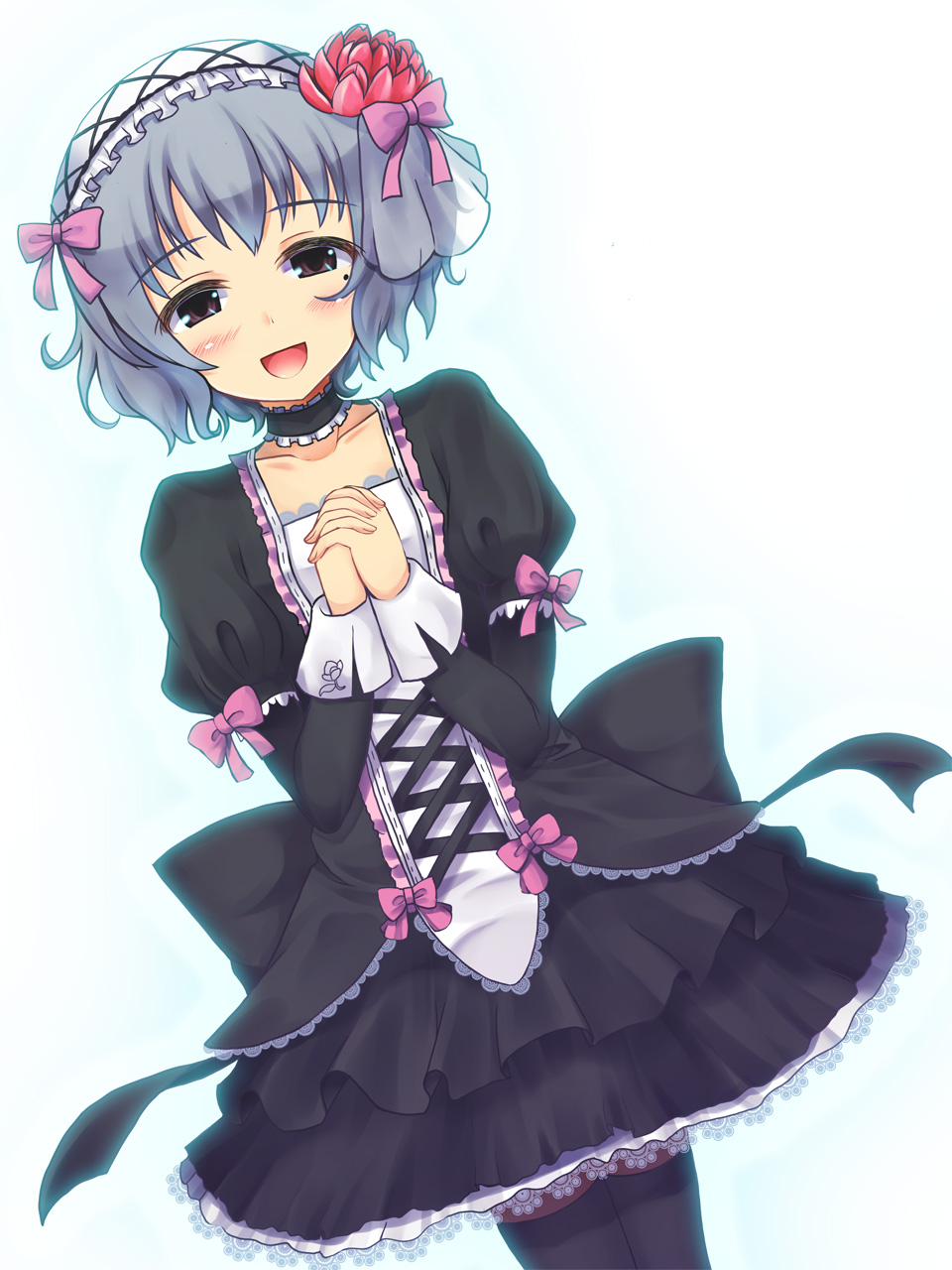 blush brown_eyes choker flower gothic_lolita grey_hair hair_flower hair_ornament highres idolmaster idolmaster_cinderella_girls lolita_fashion mole narumiya_yume okuri_banto short_hair solo thighhighs