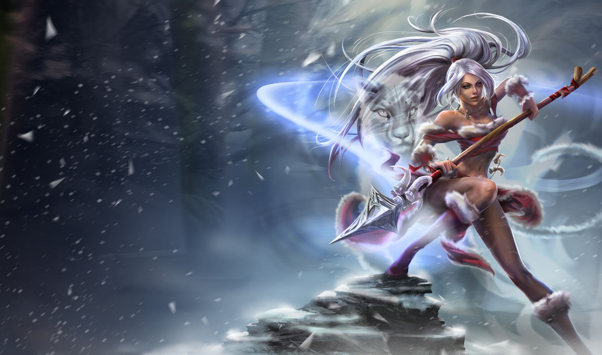 animal boots gray_eyes grey_hair jpeg_artifacts league_of_legends long_hair nidalee ponytail snow spear weapon