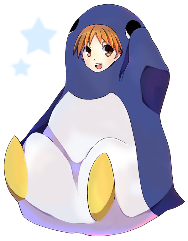 1girl :d androgynous animal_costume arm_up azumanga_daioh azumanga_daiou bird ears mihama_chiyo open_mouth orange_eyes orange_hair penguin penguin_costume short_hair simple_background smile solo star suika-tk teeth