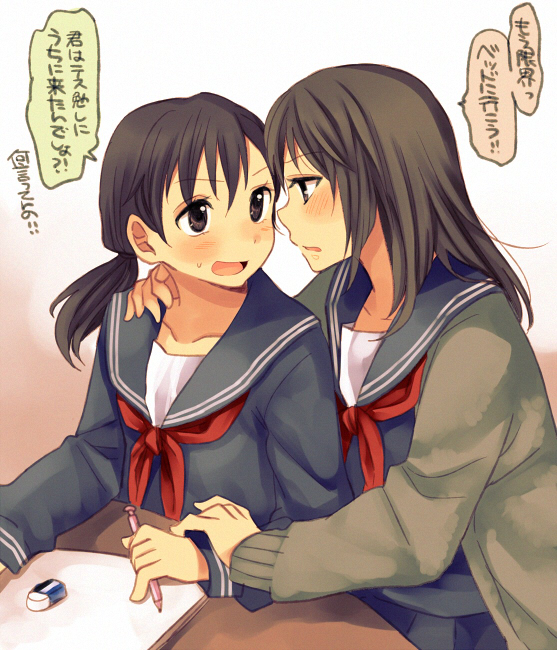 blush brown_eyes brown_hair cardigan eraser eye_contact hachiko_(hati12) hand_on_shoulder looking_at_another mechanical_pencil multiple_girls open_cardigan original pencil ponytail school_uniform serafuku translated wrist_grab yuri