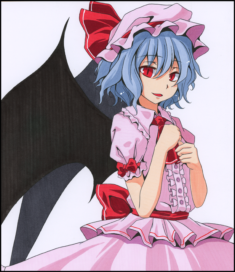 ascot ballpoint_pen_(medium) bat_wings blue_hair bust frame hands_on_own_chest hat hat_ribbon light_smile marker_(medium) open_mouth puffy_sleeves red_eyes remilia_scarlet ribbon s-syogo shikishi shirt short_hair short_sleeves skirt skirt_set solo touhou traditional_media wings
