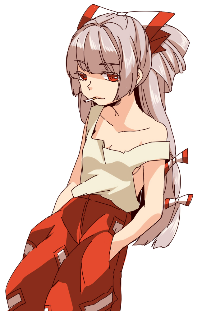 bare_shoulders bow breasts cigarette cleavage fujiwara_no_mokou hair_bow hands_in_pockets karasuma_yayoi light_smile long_hair mouth_hold no_bra red_eyes silver_hair simple_background sketch solo strap_slip touhou very_long_hair white_background