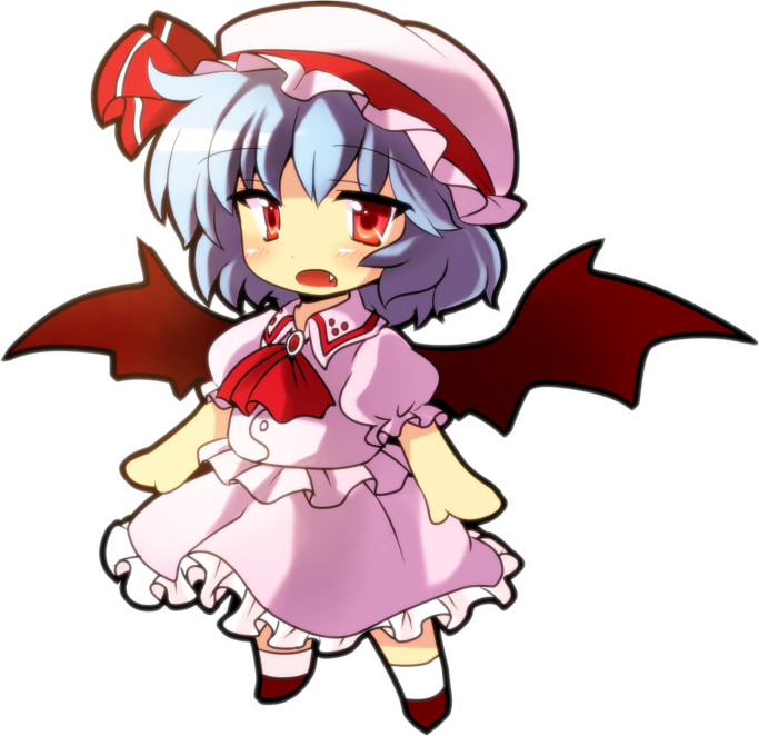 ascot asyura7 bat_wings blue_hair fang hat hat_ribbon open_mouth puffy_sleeves red_eyes remilia_scarlet ribbon short_hair short_sleeves solo touhou wings
