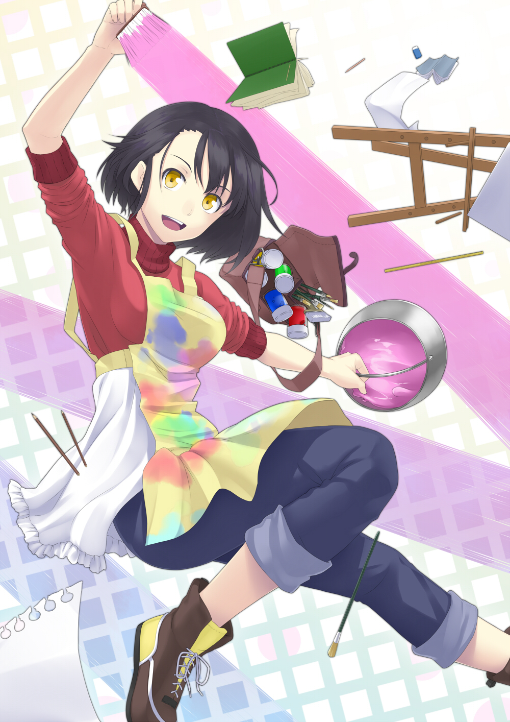 apron arm_up black_hair blush easel highres jeans juu_ho looking_at_viewer messy open_mouth original paint paint_can paintbrush painting palette short_hair sleeves_pushed_up sleeves_rolled_up smile solo yellow_eyes