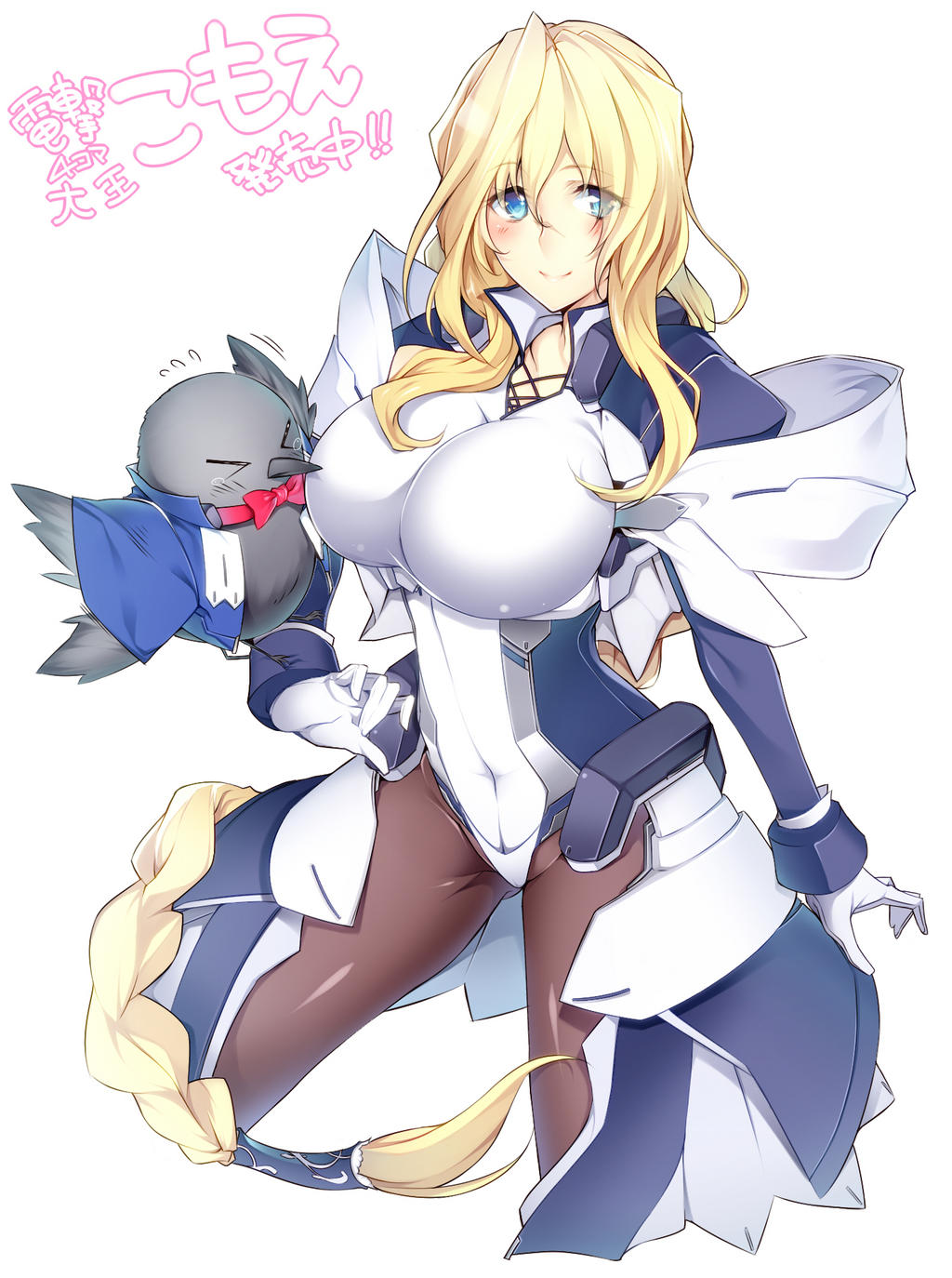 &gt;_&lt; bird blonde_hair blue_eyes blush breasts copyright_request gloves highres kyoukai_senjou_no_horizon large_breasts long_hair looking_at_viewer mahaya mary_stuart milton pantyhose simple_background smile solo translated translation_request white_background