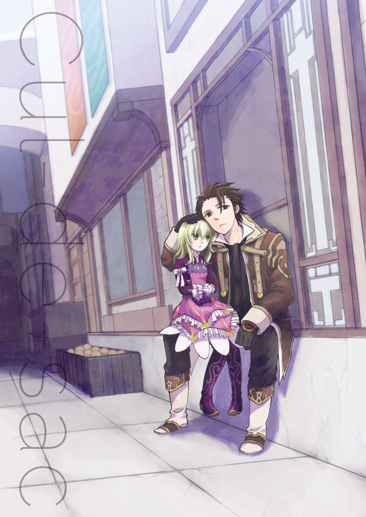 1girl alvin_(tales_of_xillia) blonde_hair boots brown_eyes brown_hair coat cravat doll dress elise_lutus expressionless frills gloves green_eyes hand_on_head jyouji_(comodo) short_hair tales_of_(series) tales_of_xillia tipo_(xillia)