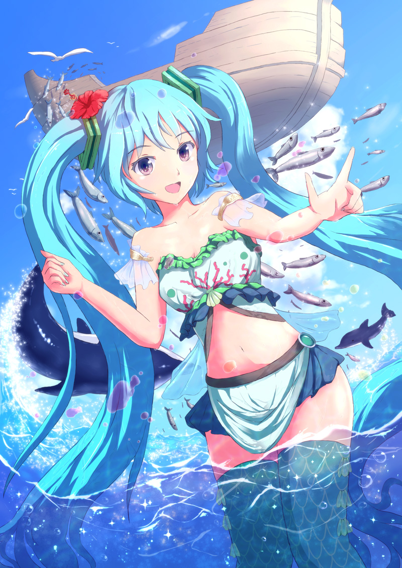 aqua_hair bird boat dolphin fish hatsune_miku knj long_hair open_mouth orca skirt solo thigh-highs thighhighs twintails very_long_hair vocaloid water