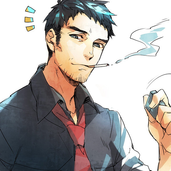 aqlism black_eyes black_hair doujima_ryoutarou facial_hair lighter looking_at_viewer male necktie persona persona_4 short_hair sideburns smirk smoking solo stubble