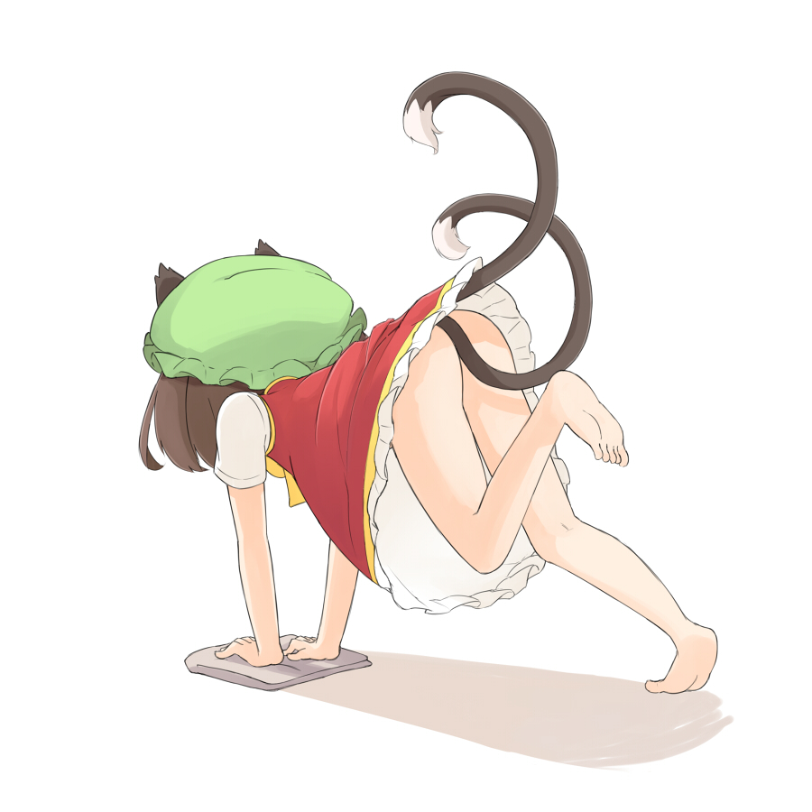 all_fours animal_ears ass barefoot brown_hair cat_ears cat_tail censored chen cloth convenient_censoring dress feet hat multiple_tails nakashino_setsu no_panties short_hair simple_background solo tail touhou white_background