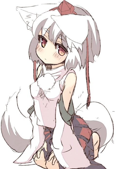 9999_(artist) animal_ears blush breasts detached_sleeves hands_on_knees hat inubashiri_momiji kajio_(maburo) red_eyes seiza short_hair silver_hair sitting solo tail tokin_hat touhou wolf_ears wolf_tail