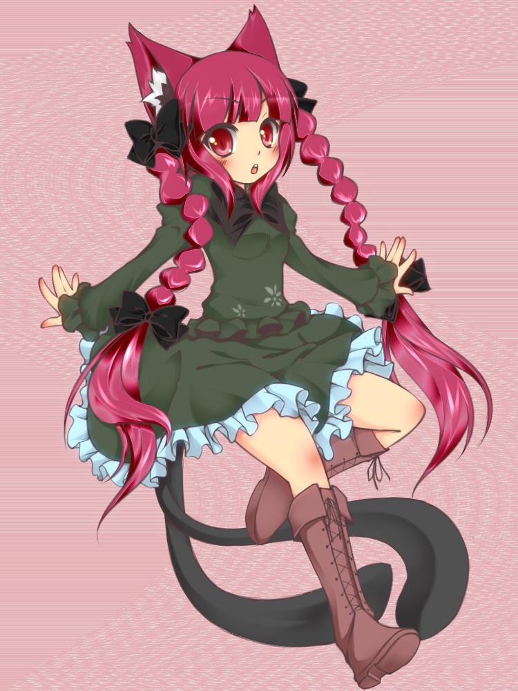 animal_ears blush boots bow braid cat_ears cat_tail cross-laced_footwear hair_bow kaenbyou_rin lace-up_boots long_hair momo_michi multiple_tails open_mouth red_eyes red_hair redhead solo tail touhou twin_braids twintails