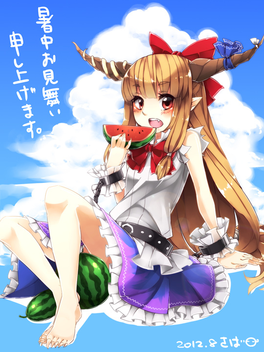 arm_support barefoot belt bow brown_hair chain chains cloud clouds eating fang fingernails food fruit hair_bow horn_ribbon horns ibuki_suika long_hair open_mouth pointy_ears red_eyes ribbon sayuma sharp_fingernails sharp_nails sharp_toenails sitting skirt sleeveless sleeveless_shirt solo toenails touhou watermelon wrist_cuffs