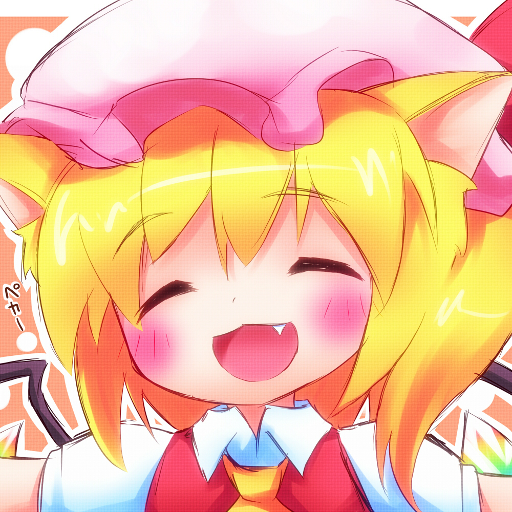 ^_^ animal_ears ascot ayakashi_(monkeypanch) blonde_hair blush bust cat_ears closed_eyes dress_shirt eyes_closed fang flandre_scarlet hat kemonomimi_mode open_mouth outstretched_arms shirt short_hair smile solo touhou wings