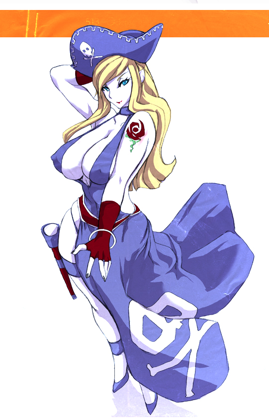 bare_shoulders blonde_hair blue_eyes bonne_jenet bracelet breasts cleavage dress fatal_fury fingerless_gloves gloves hat jewelry jolly_roger king_of_fighters large_breasts long_hair mark_of_the_wolves pirate pirate_hat solo tattoo wide_hips yunioshi