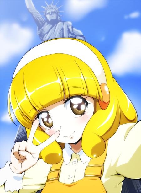 blonde_hair blush casual cloud clouds dress kise_yayoi landmark new_york precure short_hair sky smile smile_precure! solo statue statue_of_liberty tj-type1 v v_over_eye yellow_eyes