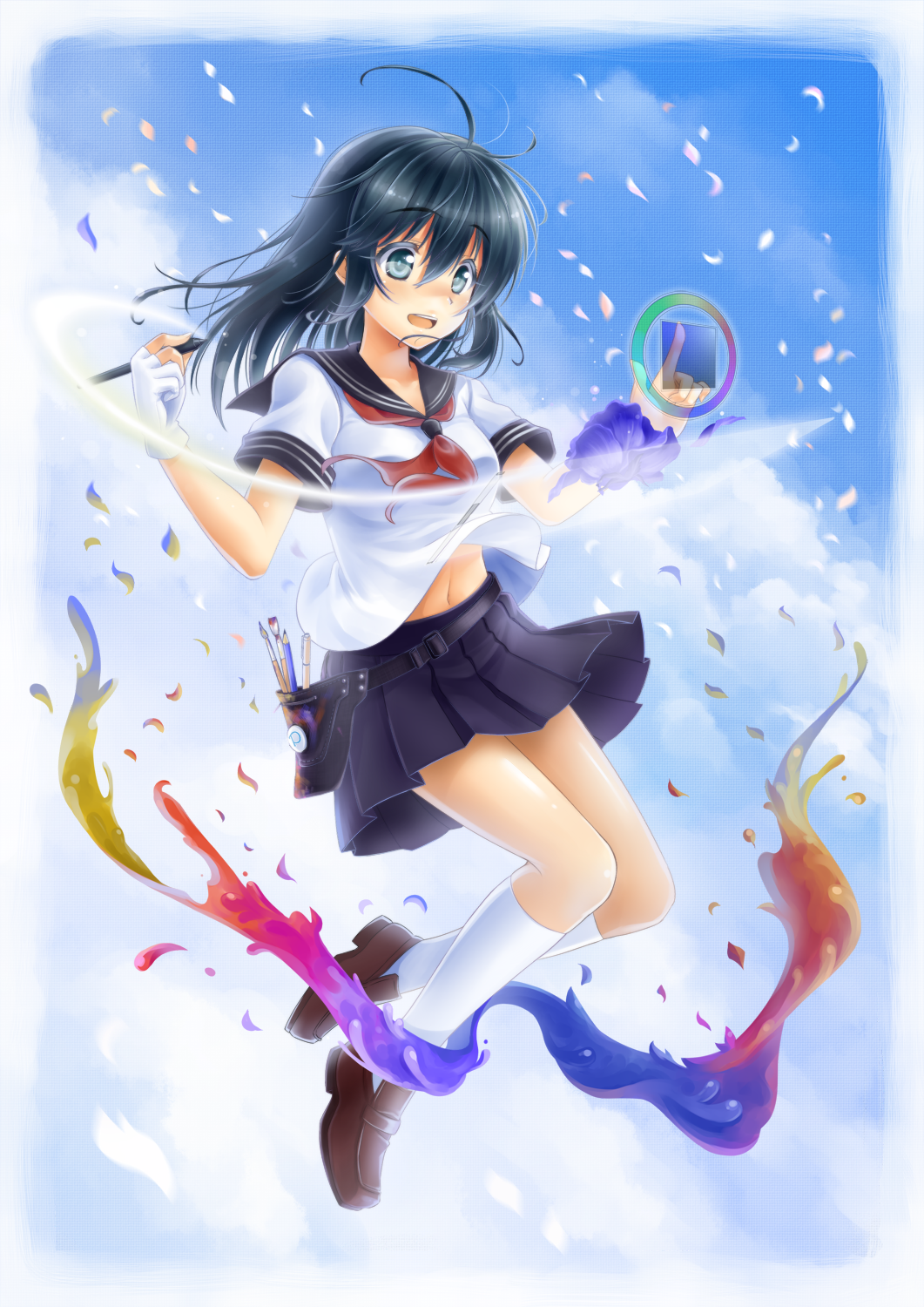 ahoge belt black_hair blue_eyes blush cherry_blossoms cloud fingerless_gloves floating flower gloves highres holographic_interface holster interface kneehighs long_hair looking_down midriff navel oekaki_musume okitakung open_mouth original paint paintbrush painttool_sai pen petals pouch rainbow school_uniform seifuku serafuku single_glove skirt sky smile smudgeguard_glove solo stylus white_legwear