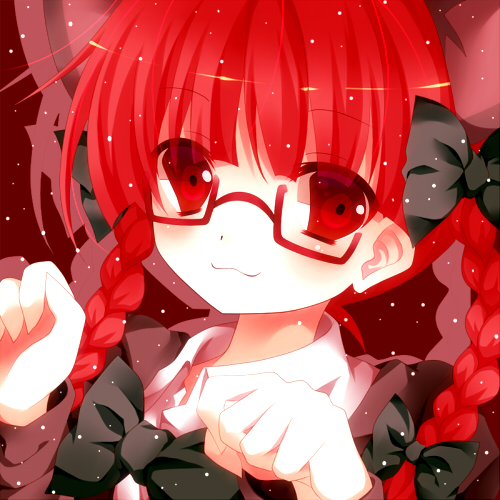 animal_ears bespectacled bow braid cat_ears glasses hair_bow kaenbyou_rin long_hair lowres mog_(artist) red_eyes red_hair redhead semi-rimless_glasses smile solo touhou twin_braids under-rim_glasses