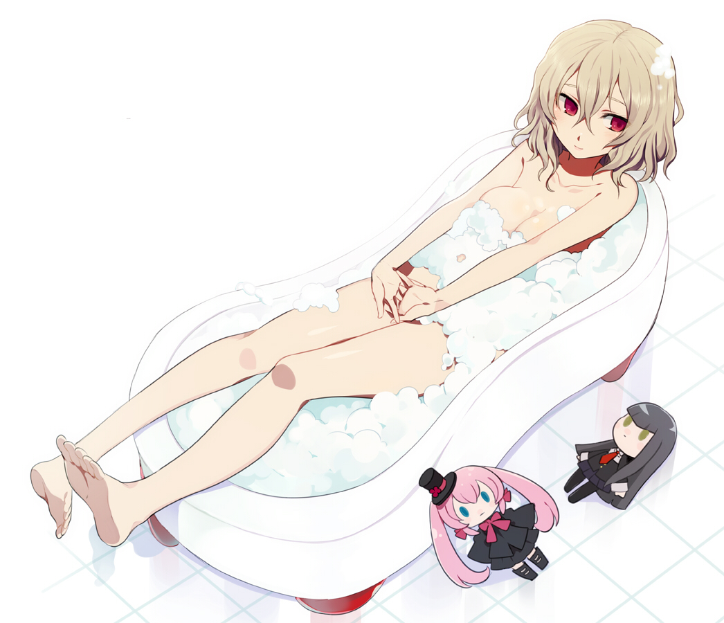 barefoot bath bathtub blonde_hair blush breasts cleavage collarbone doll feet harano interlocked_fingers nude original red_eyes short_hair smile solo stretch suds tiles toes water