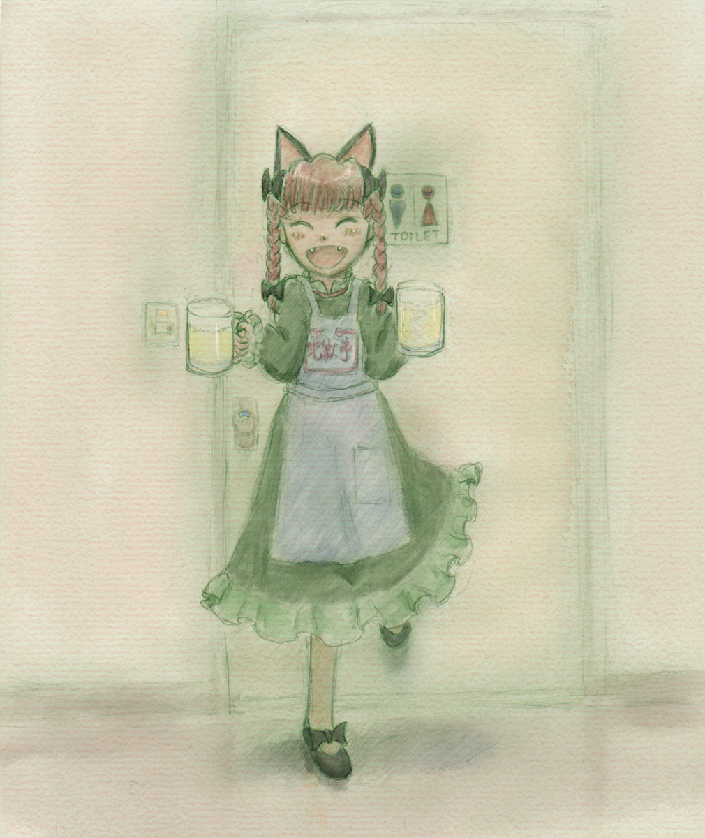 apron beer closed_eyes cup door eyes_closed fangs highres kaenbyou_rin mug restroom saraband smile solo touhou traditional_media