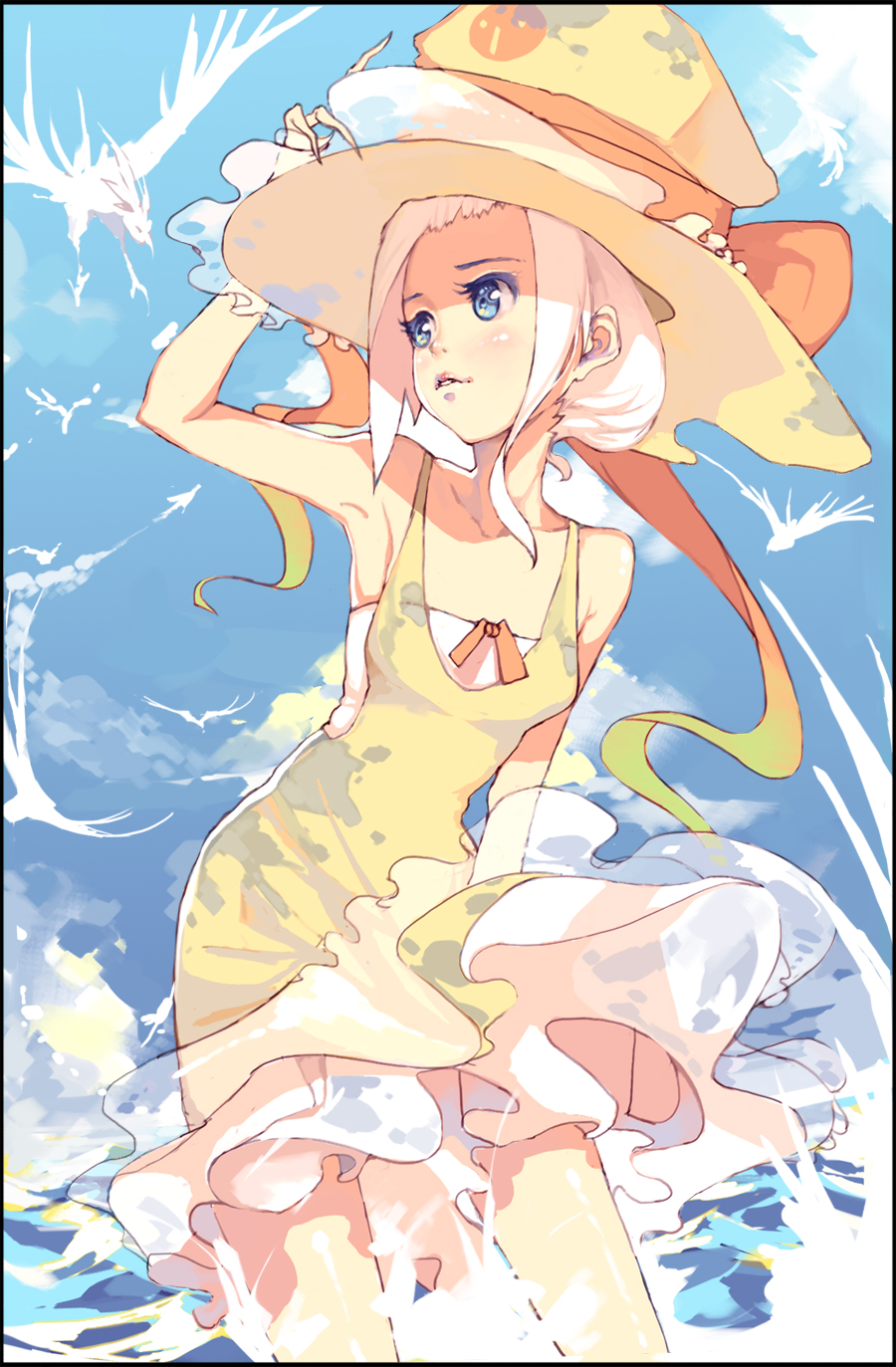arm_up bare_shoulders bird blue_eyes cotton dress feathers hand_on_hat highres open_mouth original pink_hair sky solo standing water